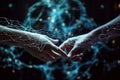 man's handshake and neural networks. Concept of collaboration and partnership between humans and artificial Royalty Free Stock Photo