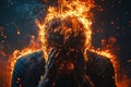 Man\'s Head Engulfed in Flames with Hands on Temples Image Royalty Free Stock Photo