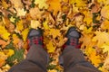 Man`s legs in boots and gray jeans standing on ground with gold autumn leaves, top view. Royalty Free Stock Photo
