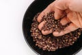 Man`s palm taking a scented Sichuan pepper from the bowl on the white table. Sichuan pepper or Chinese pepper or Timur or Nepali