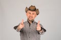 The man`s portrait in a cowboy`s brown hat and gesticulates hand