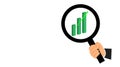 A man`s right hand holding a lens loop is examining a green bar diagram with an upward arrow. business chart elements of a compan Royalty Free Stock Photo