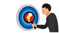 A man`s right hand holding a lens loop is looking at the desired target point. the character teaches seeing the middle target wit Royalty Free Stock Photo