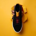 The man`s right hand holding a pair of shoes through the yellow paper background. Royalty Free Stock Photo