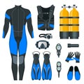 Man`s Scuba gear and accessories. Equipment for diving. IDiver wetsuit, scuba mask, snorkel, fins, regulator dive icons