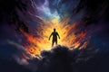 a man\'s silhouette against a dramatic backdrop of fiery clouds and cosmic lights