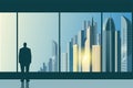 A man`s silhouette stands at the glass in the office and admires the dawn in the city. Royalty Free Stock Photo