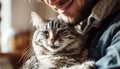 Man\'s smiling expresses joy, contentment as he bonds with pet companion.