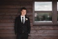 Man`s style. Elegant young man. Close-up portrait of the man in a luxury classic trendy suit. portrait of the groom