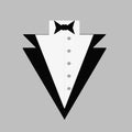 Man`s tuxedo with a bow tie and a button-down shirt. Gentleman`s logo. Vector illustration.