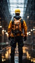 Man in safety gear stands confidently from a rear angle, showcasing preparedness.