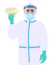 Man in safety protection suit, medical mask, glasses and face shield showing cash, money. Doctor or physician holding currency