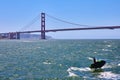 Man sailboarding on choppy bay waters with Golden Gate Bridge behind him Royalty Free Stock Photo