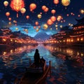 A man sailing a boat around Chinese temples decorated with lanterns at night. Chinese New Year celebrations Royalty Free Stock Photo