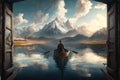 A man is sailing in a boat on the lake. AI generated Illustration. Royalty Free Stock Photo