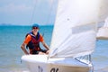 Man sailing. Boy learning to sail on sea yacht Royalty Free Stock Photo