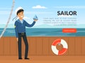 Man Sailor Character in Blue Shirt and Cap on Deck of Ship with Lifebuoy Vector Web Page Template