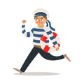 Man sailor in striped uniform running with lifebuoy vector illustration