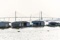 Man sails on ratty boat with fish farm raft houses floating on Mekong river with Rach Mieu Bridge in background