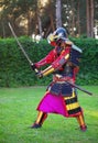 Man in samurai costume with sword. Royalty Free Stock Photo