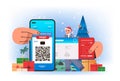 man in santa claus hat printing e-tickets via mobile app online booking searching for flight service concept horizontal