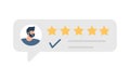 Man satisfied customer give rating 5 stars. People feedback vector illustration by giving 5 star rating. Flat online