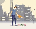 Man saving nature flat color illustration. Young caucasian guy cartoon character watering dying flowers in industrial