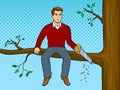 Man sawing tree branch and sit pop art vector