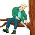 Man sawing tree branch on which sits object on white background raster illustration. Make yourself worse metaphor.