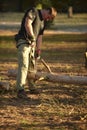 Man saws tree with tourist saw, Ukraine. Chernihiv October