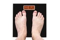 Man on the scales with a lot of weight and health problems, the inscription - go run Royalty Free Stock Photo