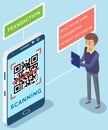 A man scanning qr code via mobile phone application. Customer makes paying with phone scanner Royalty Free Stock Photo