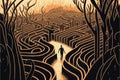 Man in scorched maze landscape after destruction. Illustration painting