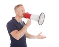 Man Screaming Into Bullhorn While Pointing Away Royalty Free Stock Photo