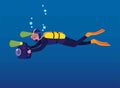 Man scuba diving holding camera, cameraman recording under water in ocean with flash light cartoon in flat illustration vector Royalty Free Stock Photo