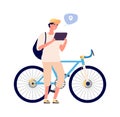 Man search gps navigation. Bike rider with tablet. Isolated flat tourist or student or sport boy character. Guy in