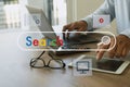 man search job on laptop computer device online browse internet webpage research find global Data Search Technology Search Engine Royalty Free Stock Photo