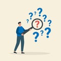 Man searching for answers with a magnifying glass among question marks. Problem solving and solution finding concept Royalty Free Stock Photo