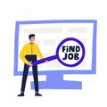 Man searching new job on a computer after dismissal. Hand drawn vector illustration. Find job concept