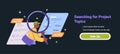 Man searching project topics with magnifying glass digital documents dark background website banner