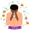 A man with seasonal allergies blows his nose in a handkerchief. Vector graphics