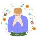 A man with seasonal allergies blows his nose in a handkerchief. Vector graphics