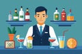 A man is seated at a bar, surrounded by various drinks, Cocktail bartender Customizable Flat Illustration Royalty Free Stock Photo