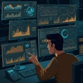 A man is seated in front of multiple computer screens displaying complex data Royalty Free Stock Photo