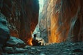 A man seated on the ground inside a cave, Composing a melody as it howls through canyon walls