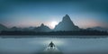 A man, seated on a pontoon, watches a sunset over a lake in front of a mountain landscape.