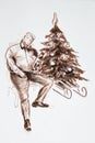 Man seating on chair under christmas tree and sleeping after celebration new year - drawn pastel pencil graphic artistic Royalty Free Stock Photo
