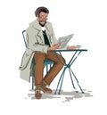 Man seating at the table in a cafe reading a newspaper vector sketch Royalty Free Stock Photo