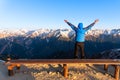 A man is seeing the scenery of Mount Tsubakuro Dake at sunset. Mountain range of Norther Japan Alps Chubu-Sangaku Park