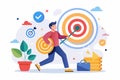 A man is seen aiming a dart and successfully hitting the center of a target, Work with business targets, Simple and minimalist Royalty Free Stock Photo